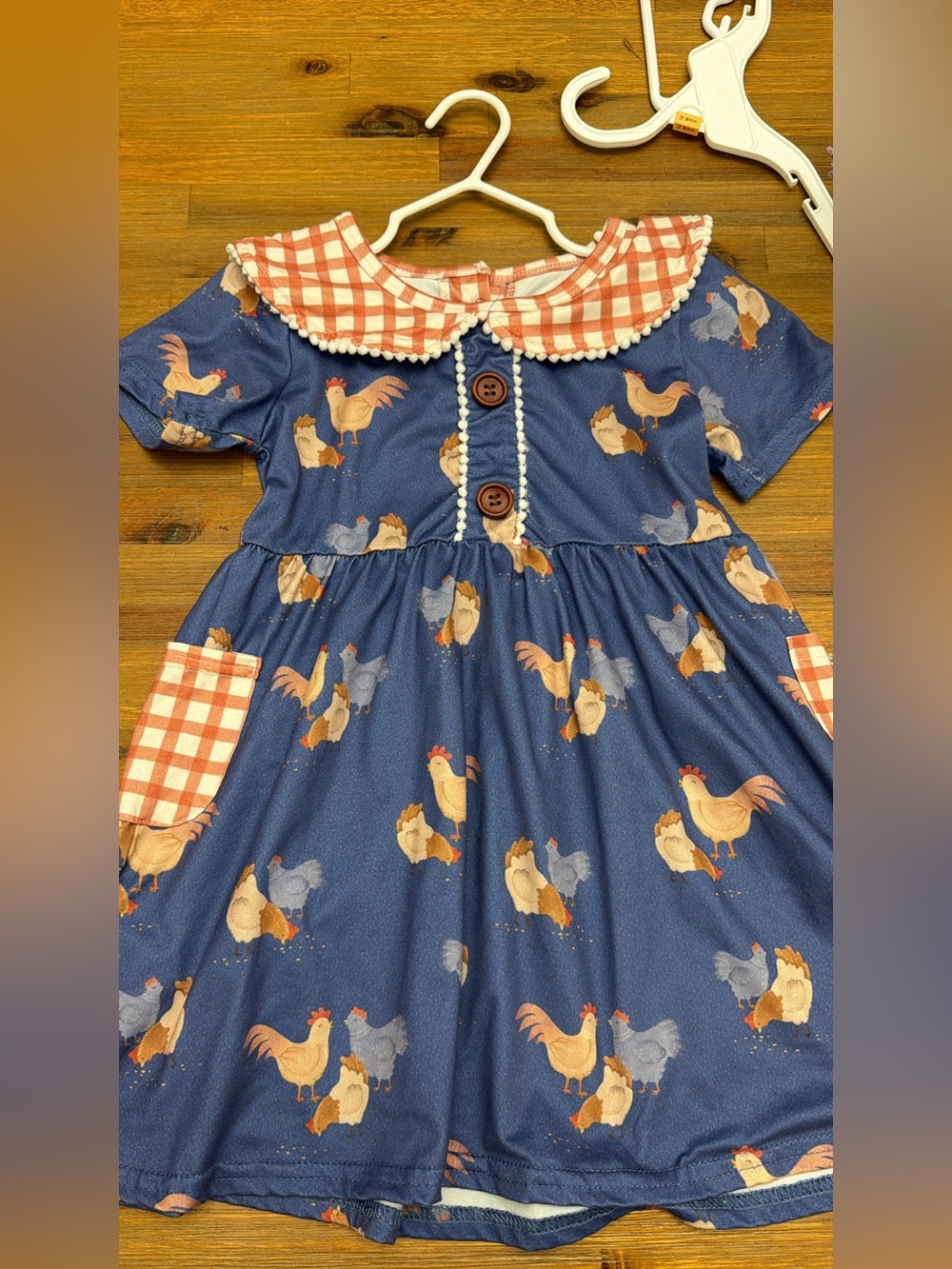 Girls' Rooster Print Navy Dress with Gingham Collar